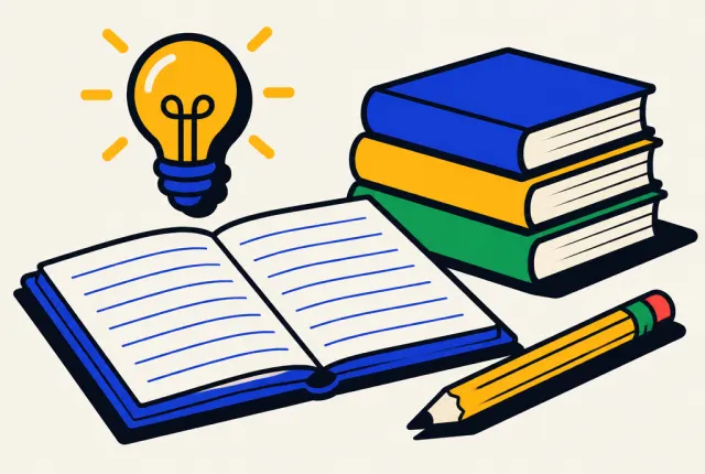 Illustration: an open notebook, a pencil, a stack of books and a lightbulb