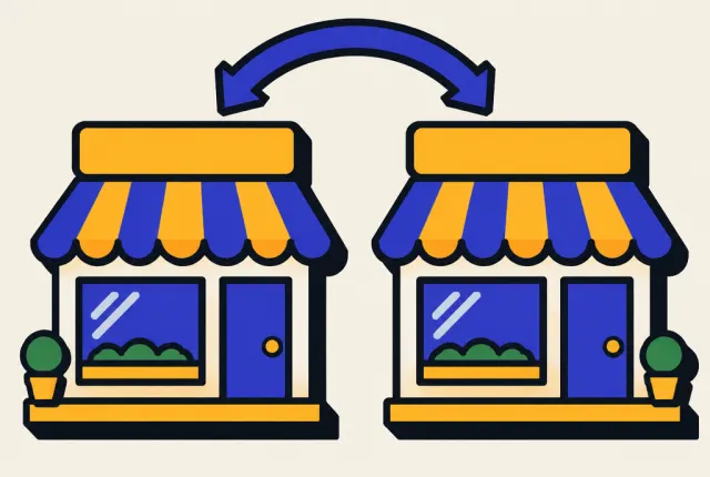 Illustration: two almost identical shopfronts with a swap arrow between them, showing a mix-up