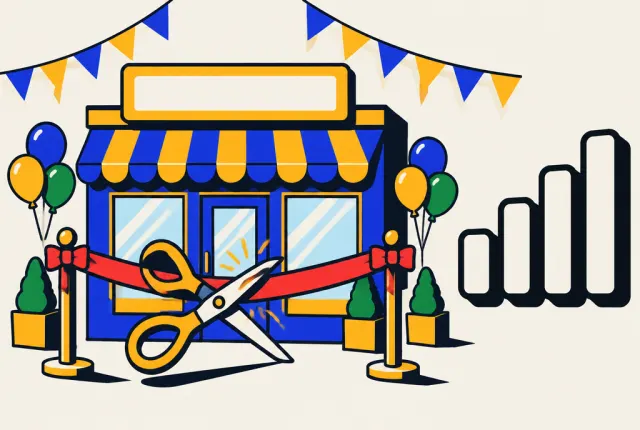 Illustration: a new shop's opening day with a ribbon being cut, next to an empty signal meter