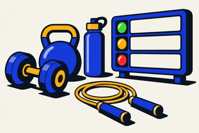 Illustration: a dumbbell, kettlebell and skipping rope next to a scoreboard with green, amber and red lights
