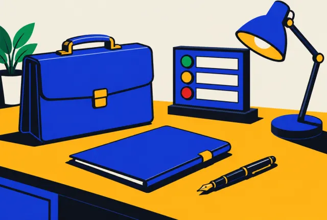 Illustration: an office desk with a briefcase and folder next to a small scoreboard with green, amber and red lights