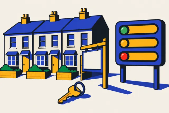 Illustration: a row of terraced houses with a blank for-sale board next to a scoreboard with green, amber and red lights