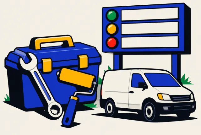 Illustration: a toolbox, wrench, paint roller and van next to a scoreboard with green, amber and red lights