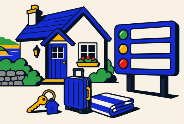 Illustration: a holiday cottage, a key and a suitcase next to a scoreboard with green, amber and red lights
