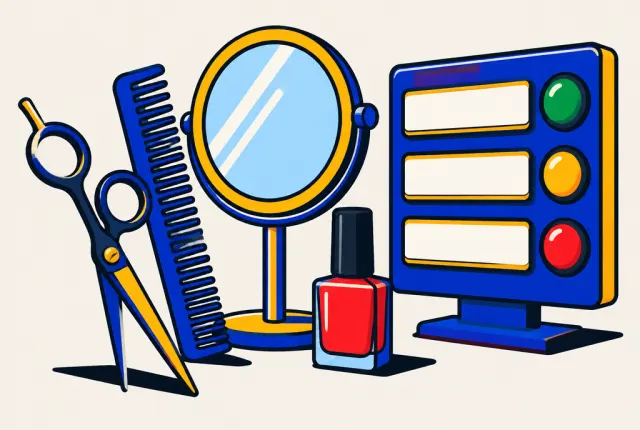 Illustration: salon scissors, a comb, a mirror and nail polish next to a scoreboard with green, amber and red lights