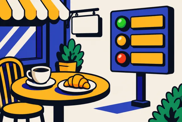 Illustration: a café table with coffee and a croissant next to a scoreboard with green, amber and red lights