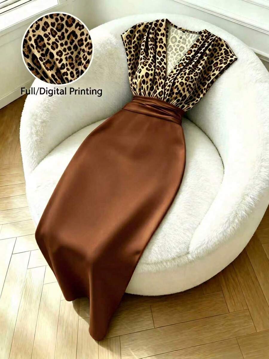 GKC Brown Satin Draped Top & Bias-Cut Midi Skirt Set