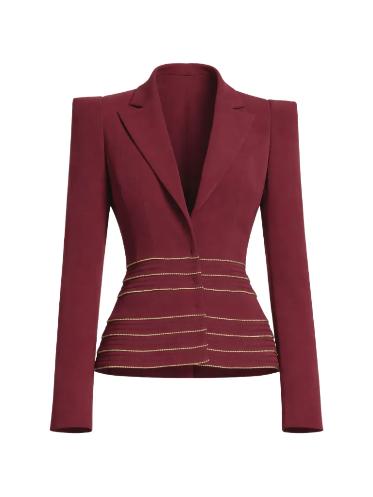 GKC Structured Gold-Chain Peplum Power Blazer — Burgundy