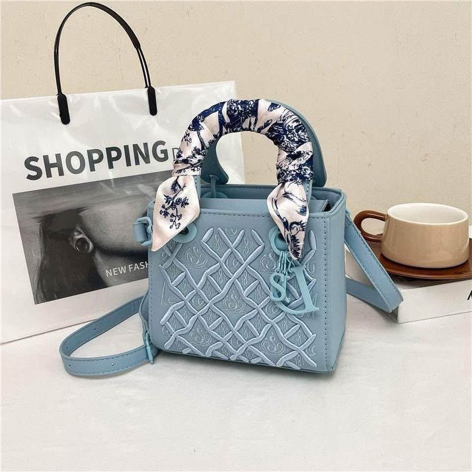 GKC Embroidered Diamond Quilted Mini Tote with Silk Scarf Handle