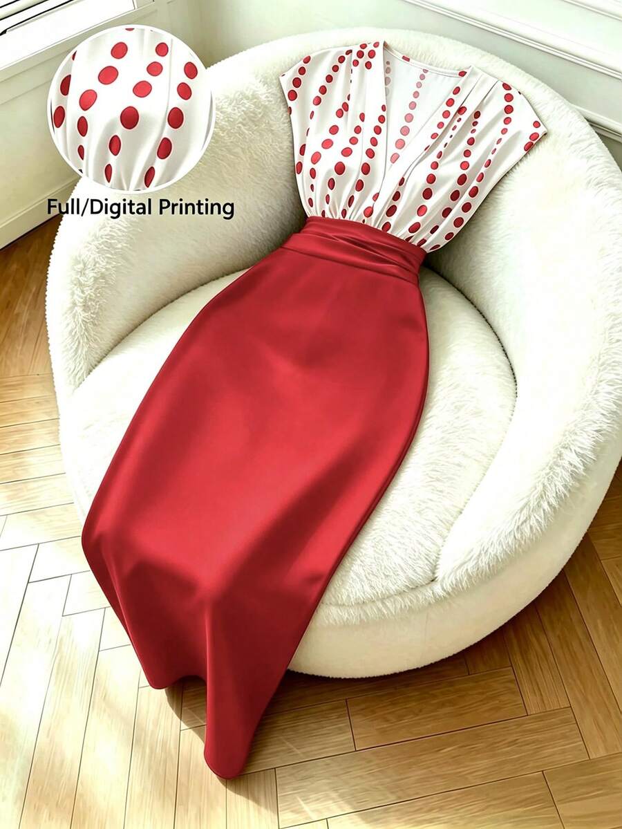 GKC Polka-Dot Draped Top & Satin Pencil Skirt Set — 5 Colours