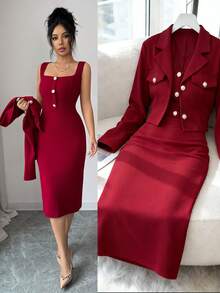GKC Sleeveless Bodycon Midi Dress & Cropped Pearl Blazer Set — Wine Red