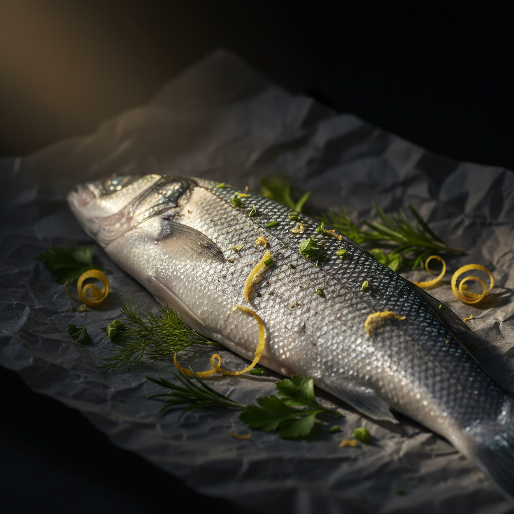 Lubina fresca sobre papel