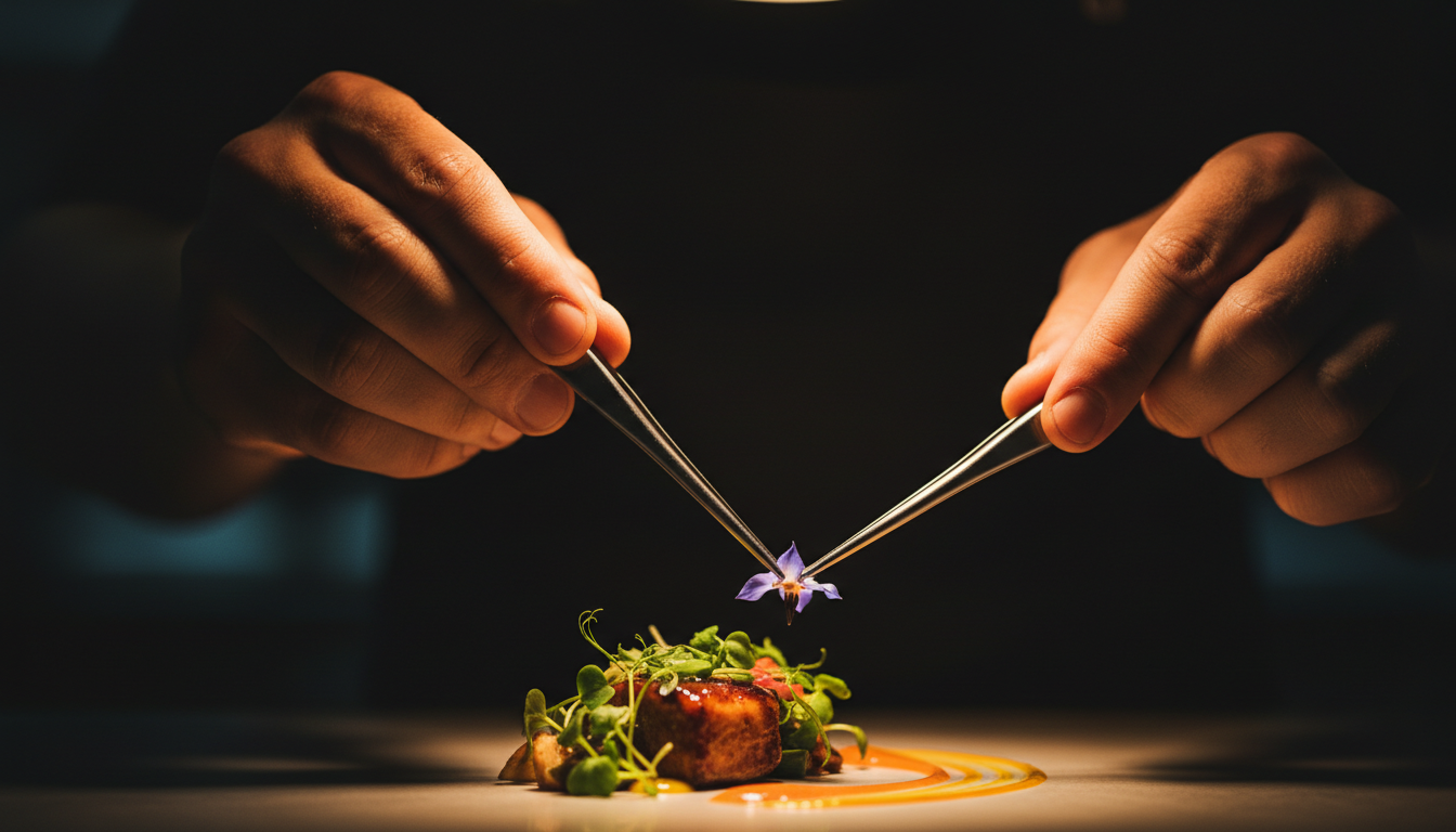 Manos del chef emplatando con precisión bajo un foco de luz