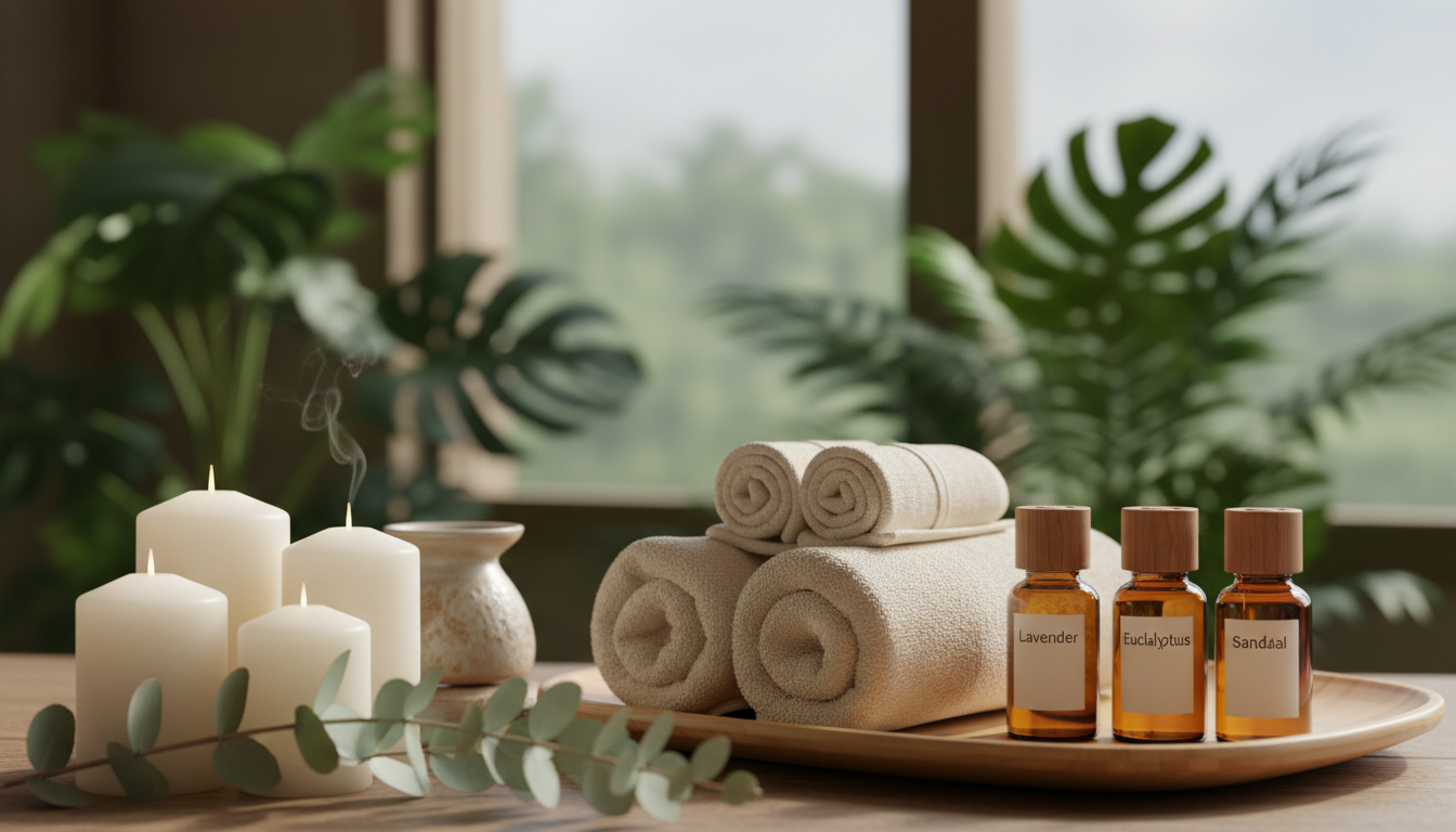 Ambiente relaxante de spa com velas e plantas