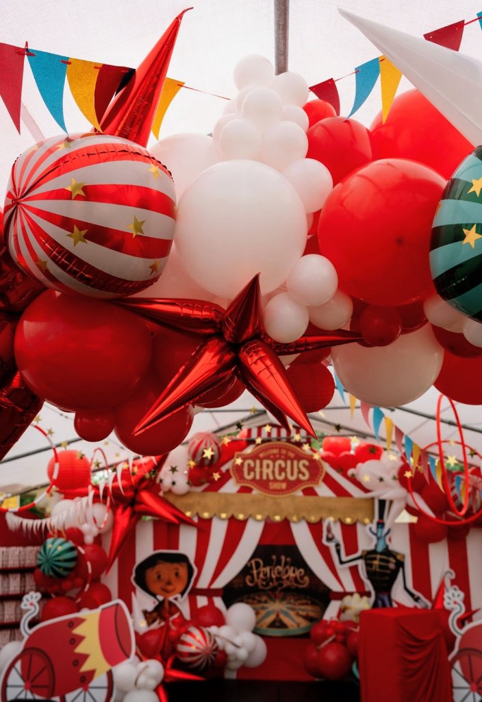 Circus popcorn floral centerpiece with carnival ticket ribbon