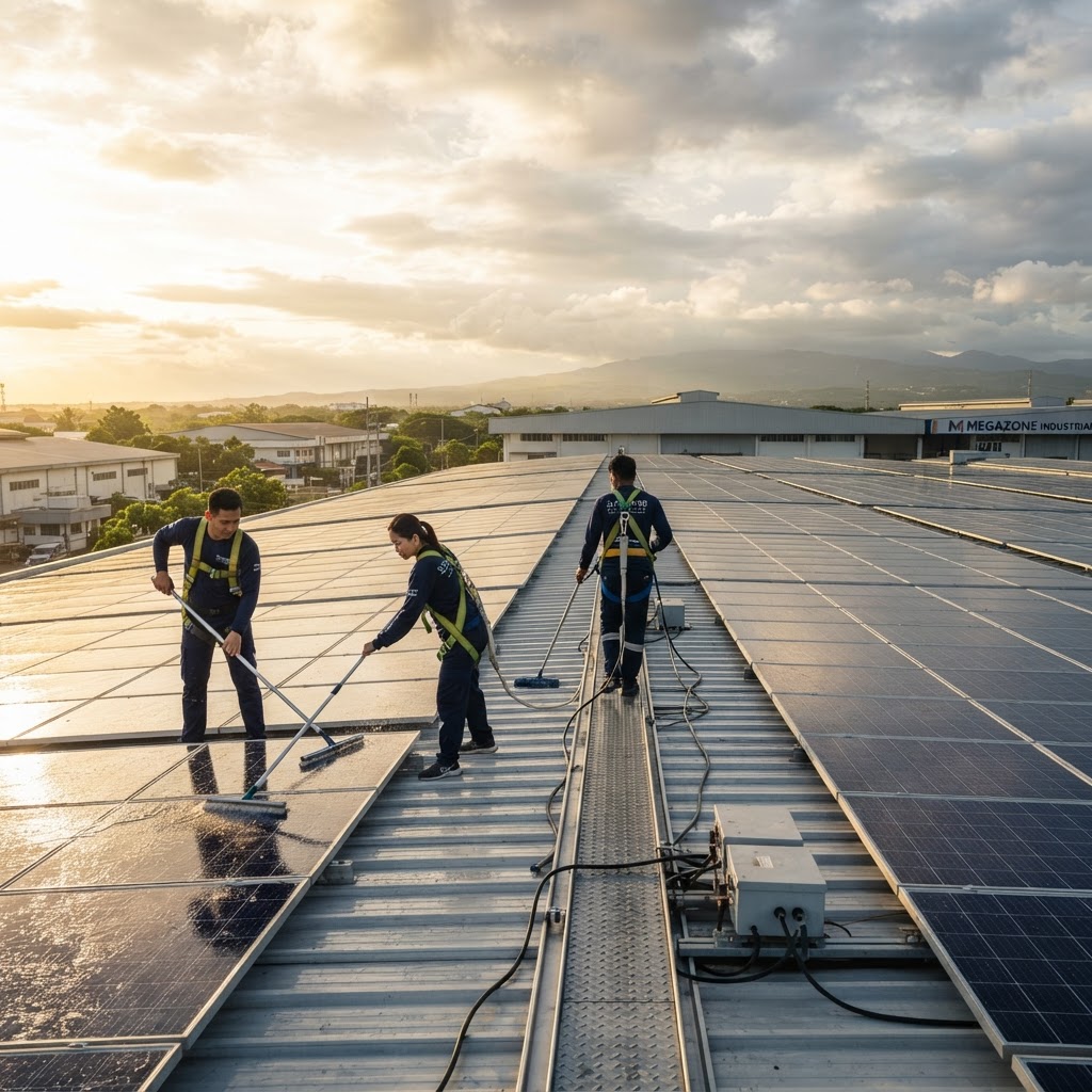 Sun+Care team cleaning a large commercial solar array