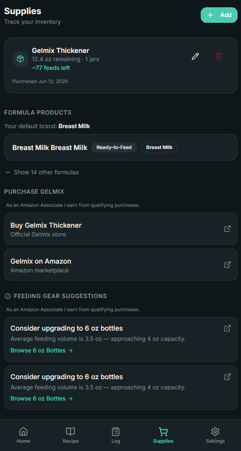 Supplies inventory tracker showing Gelmix remaining and estimated feeds left