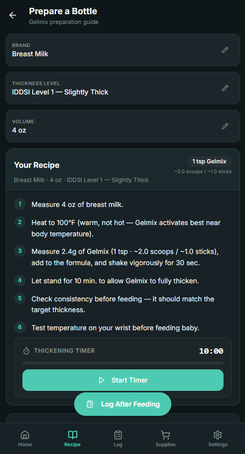 Step-by-step Gelmix recipe preparation guide with built-in thickening timer