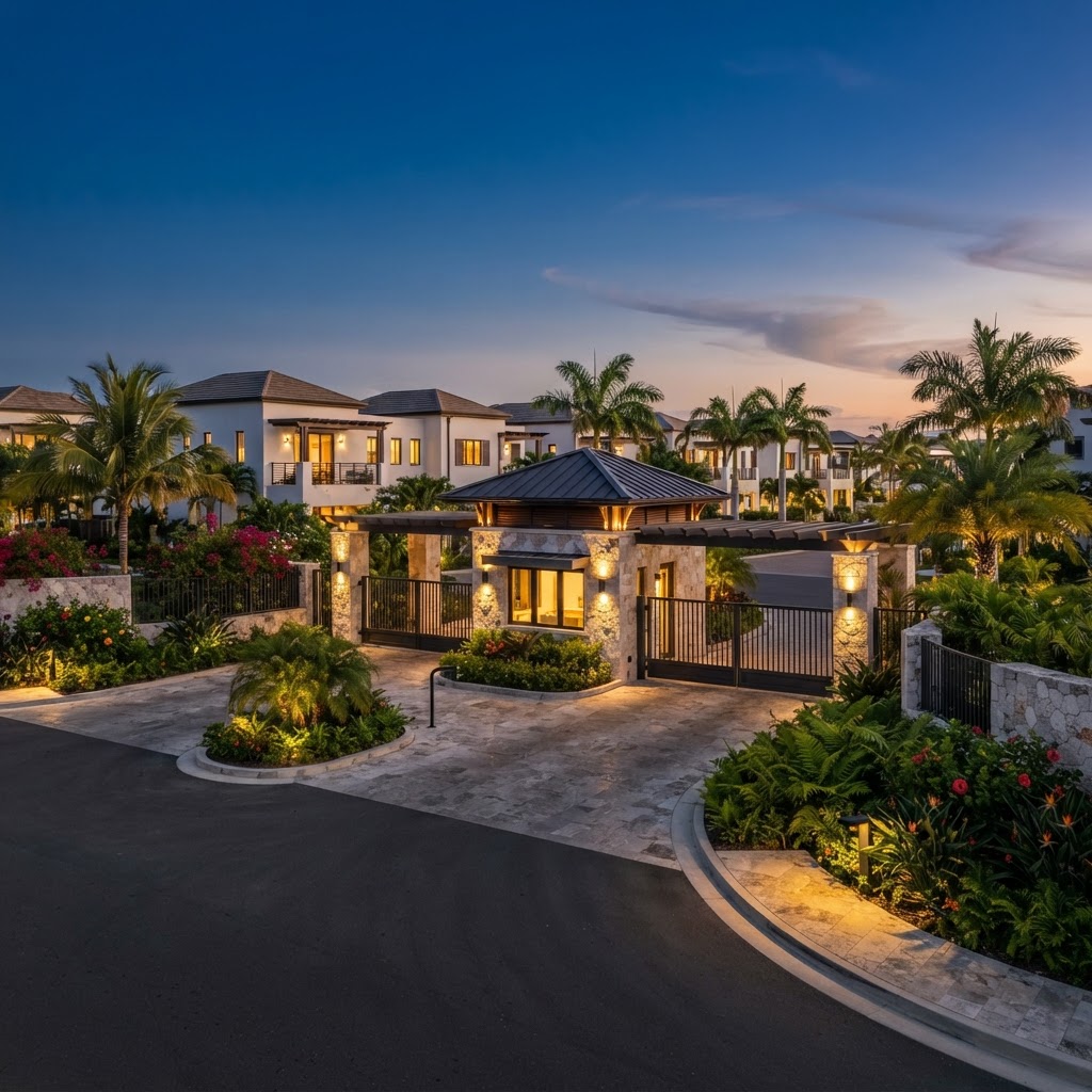 Representative illustration of a gated residential community entrance at dusk
