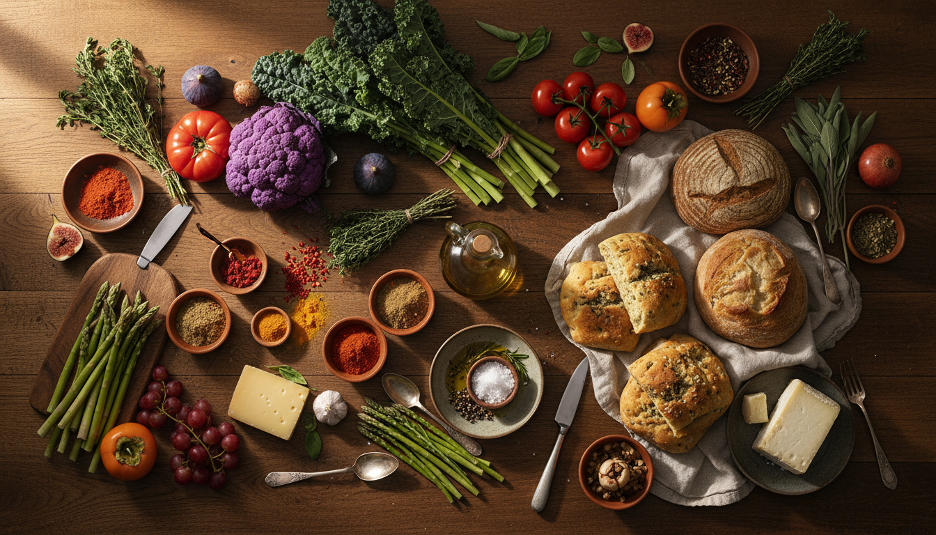 Premium artisanal food spread on rustic table
