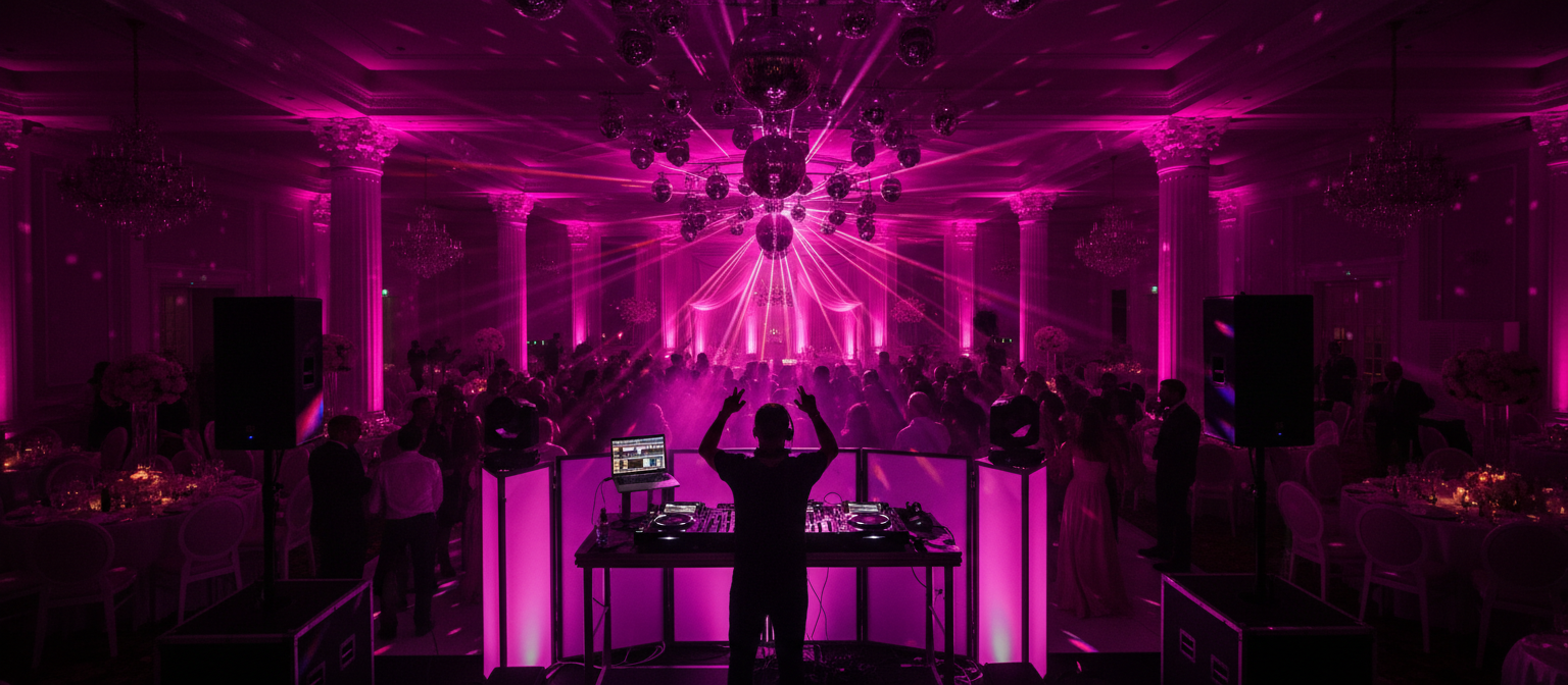 DJ performing at a wedding reception with magenta uplighting