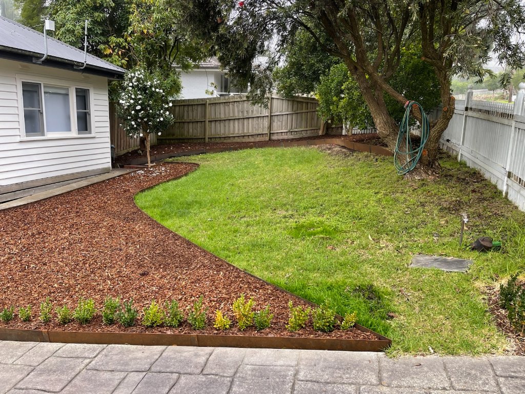 Corten steel edging separating mulch garden bed from lawn