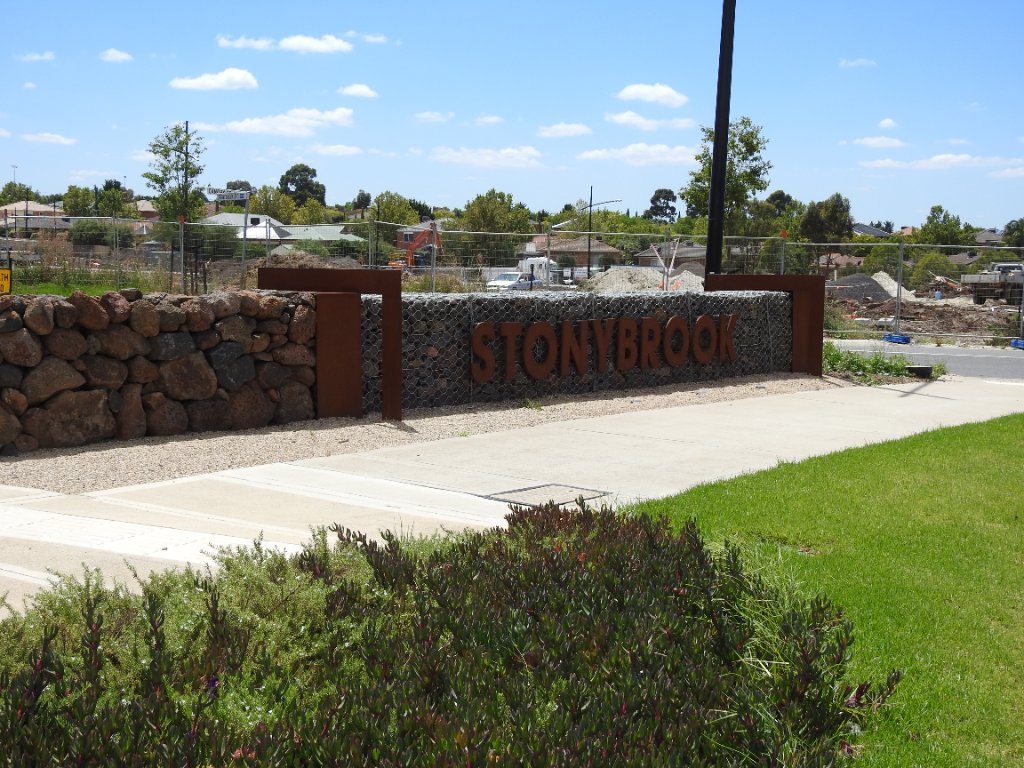 Corten steel Stonybrook signage and gabion wall
