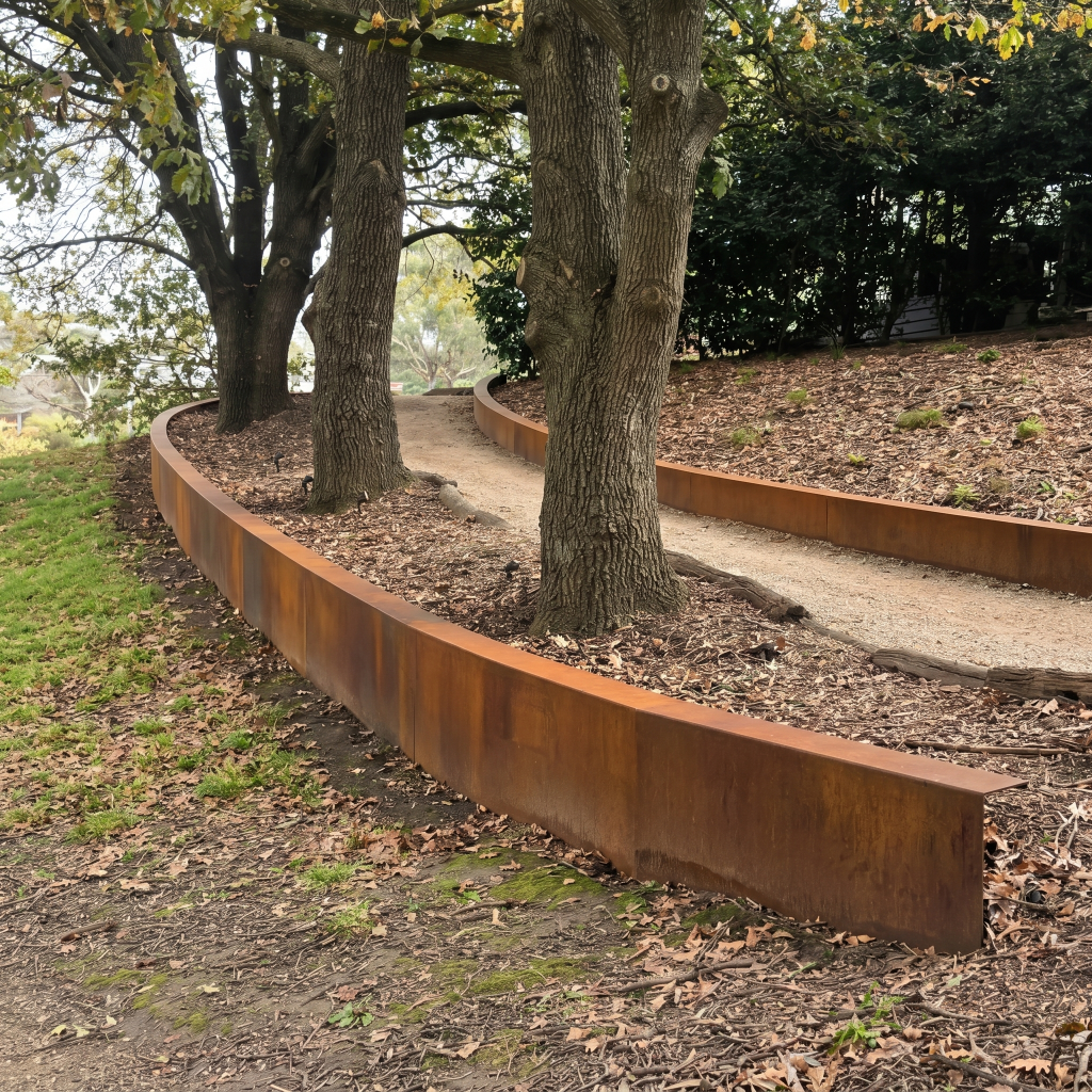 Corten wall wrap uphill pathway