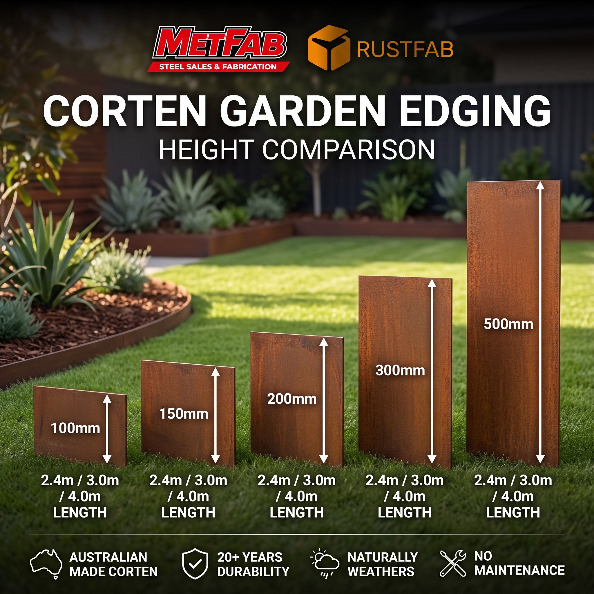Corten garden edging height comparison — 100mm, 150mm, 200mm, 300mm and 500mm profiles available in 2.4m, 3.0m and 4.0m lengths