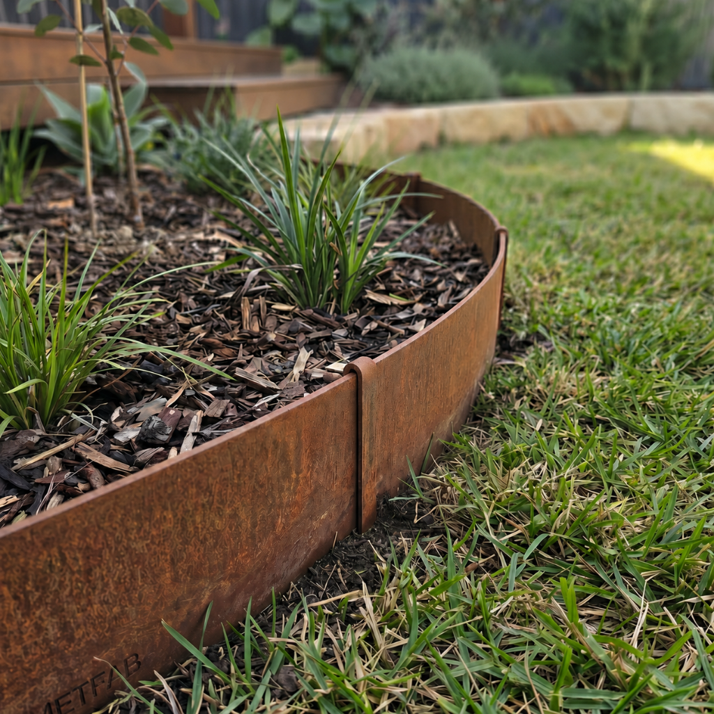 Close-up of MetFab corten steel edging connection detail