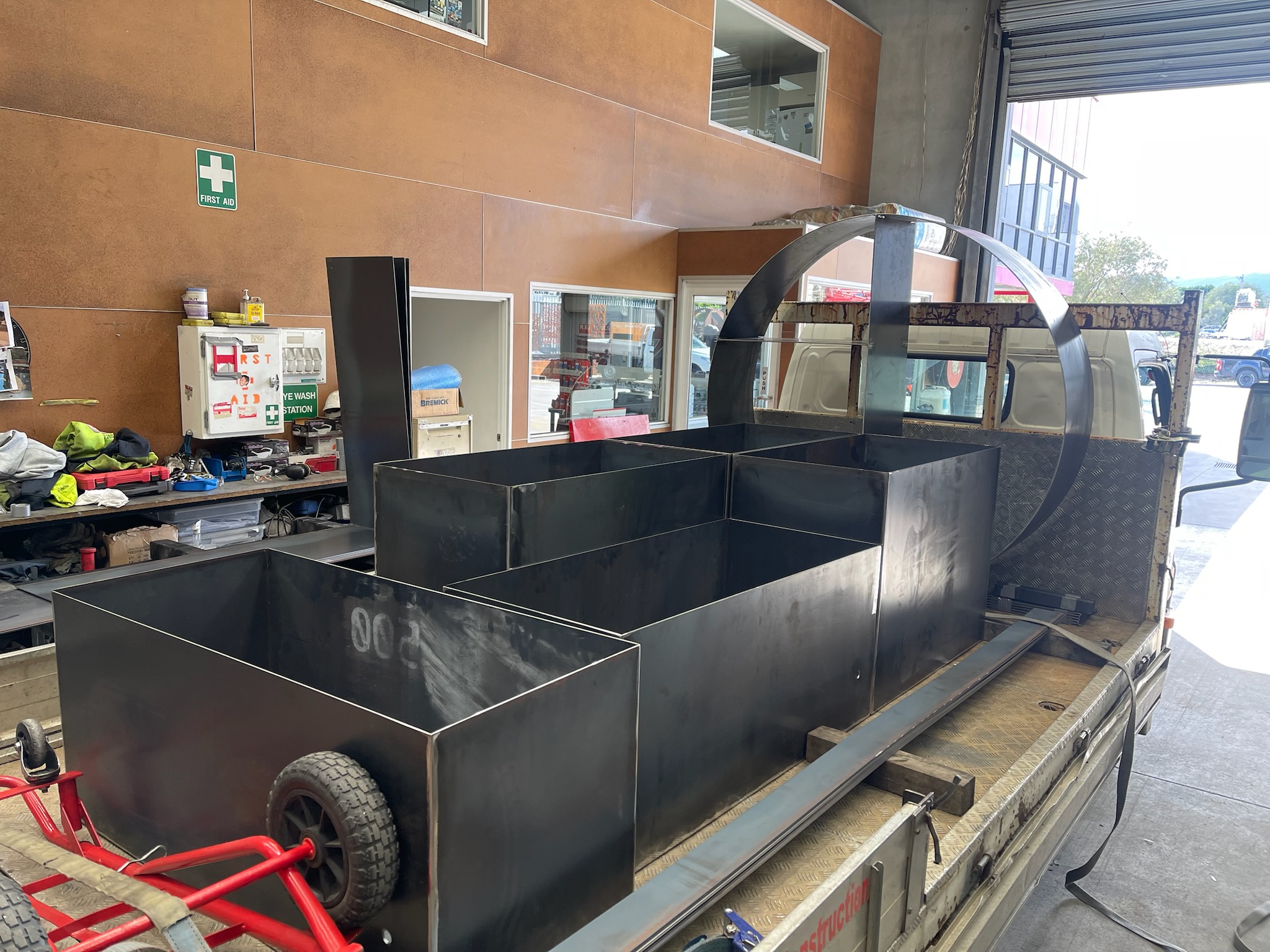 Corten planter boxes loaded on the MetFab truck for delivery