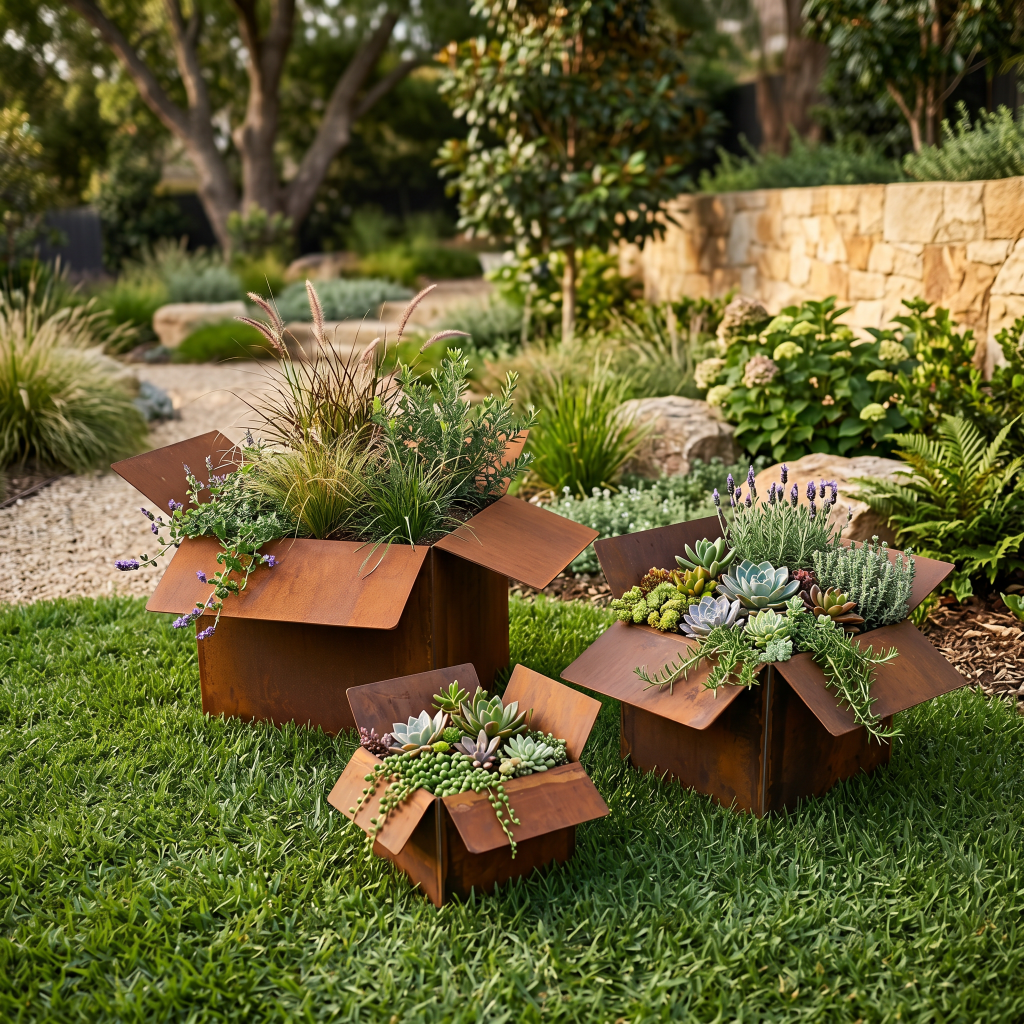 Corten steel planters with succulents