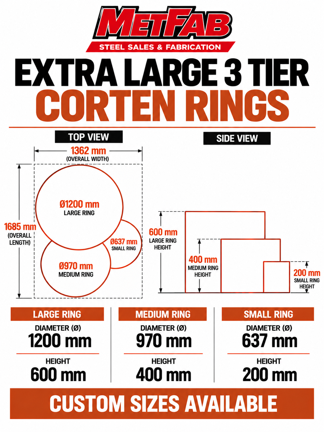 Extra Large 3 Tier Corten Rings specification diagram
