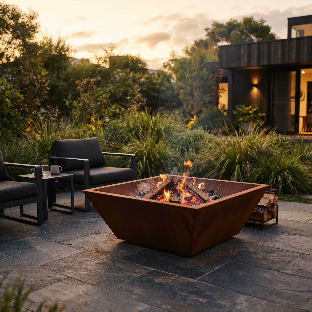 Corten steel fire pit burning on a paved patio
