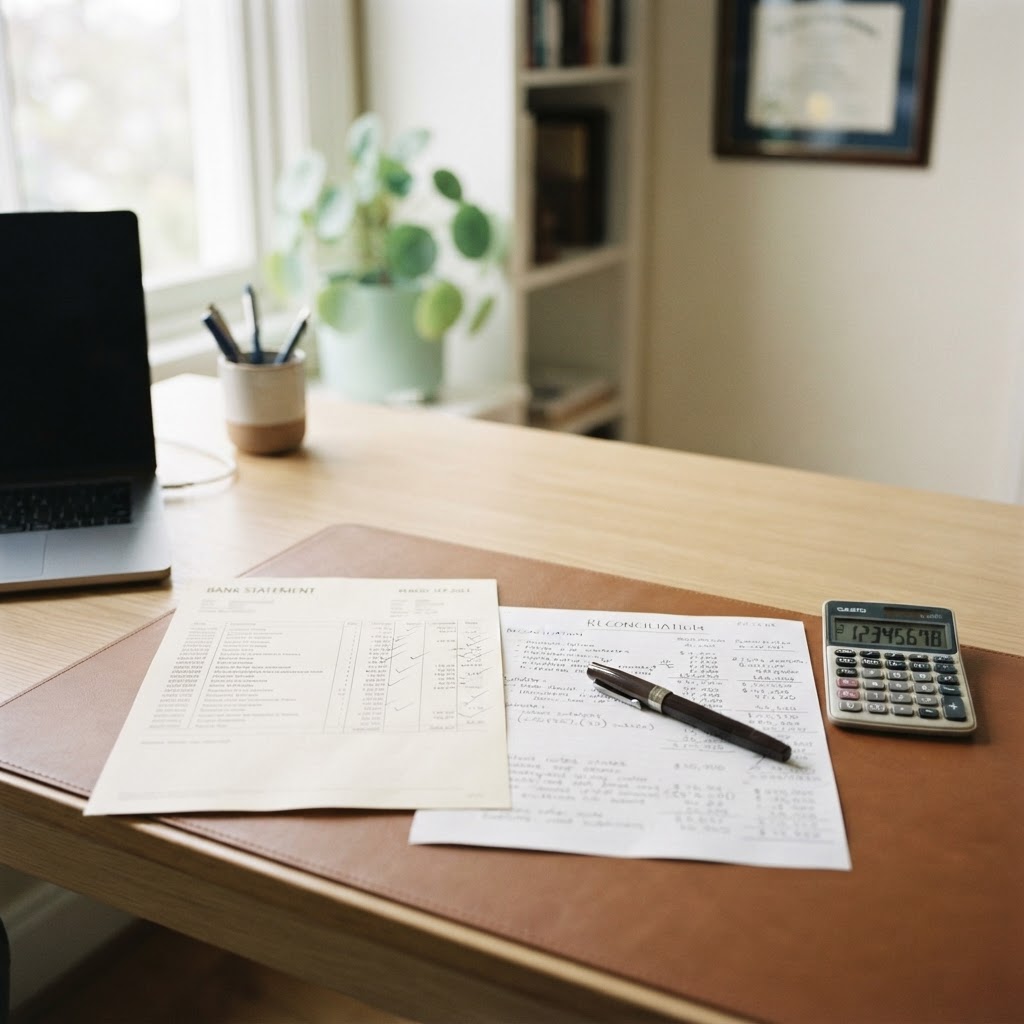 A printed bank statement beside a handwritten reconciliation worksheet and a calculator