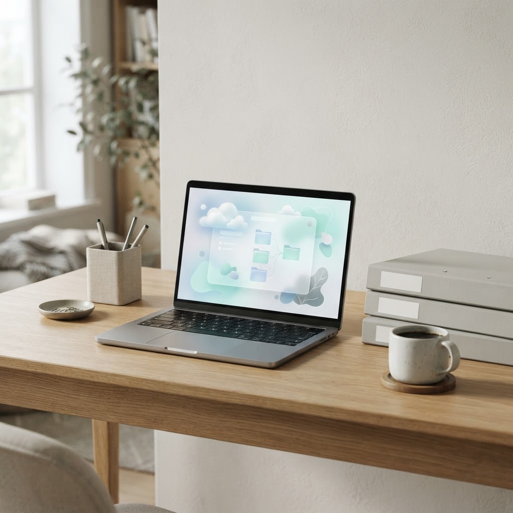 A laptop showing cloud storage folders beside a neat stack of document folders
