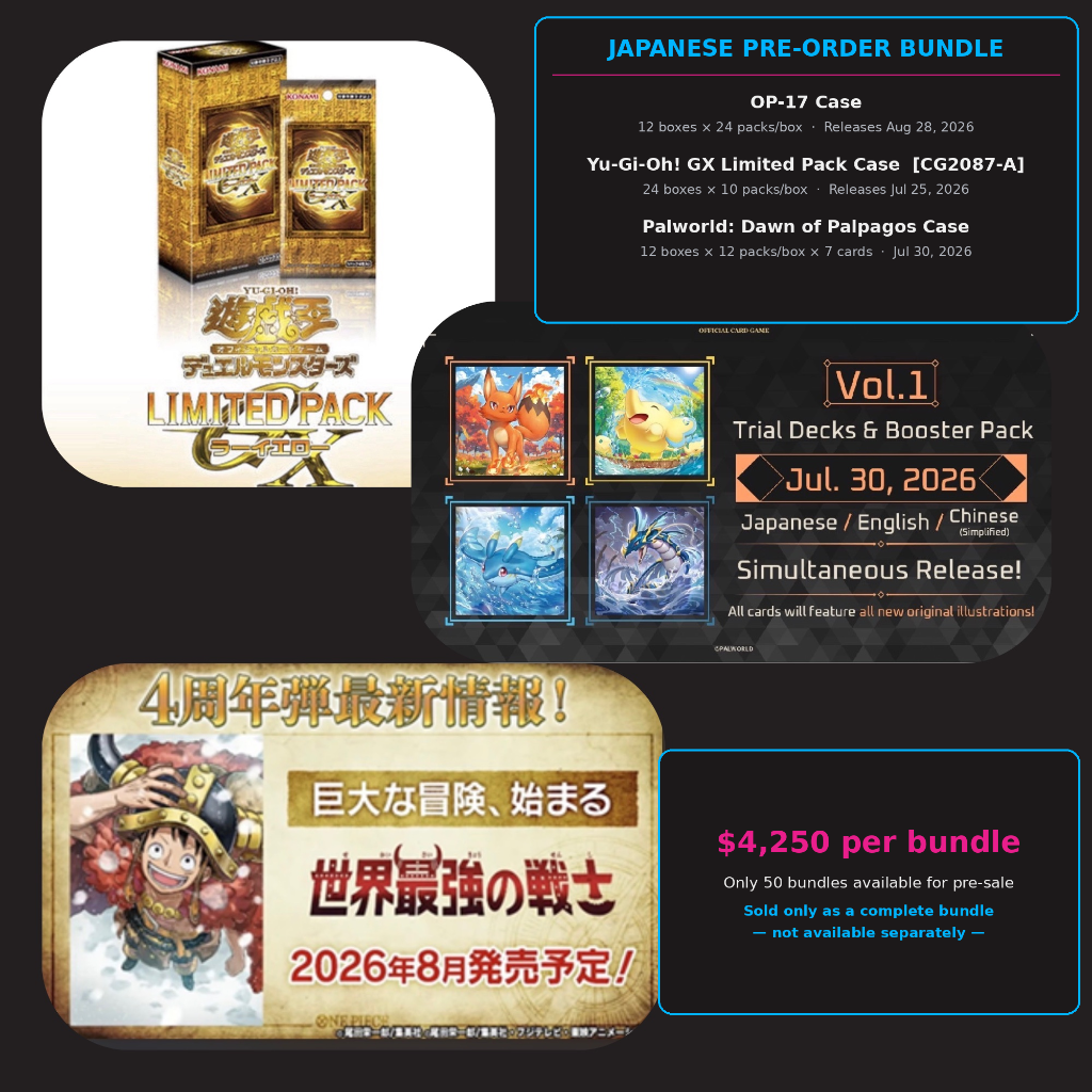 Japanese Triple Case Bundle — OP-17 + Yu-Gi-Oh! GX Limited Pack [CG2087-A] + Palworld: Dawn of Palpagos [PRE-ORDER]