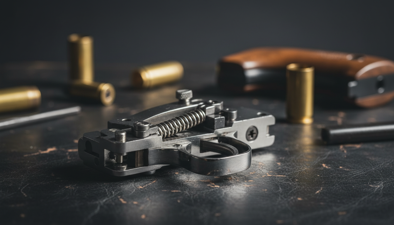 Precision firearm trigger assembly macro photograph