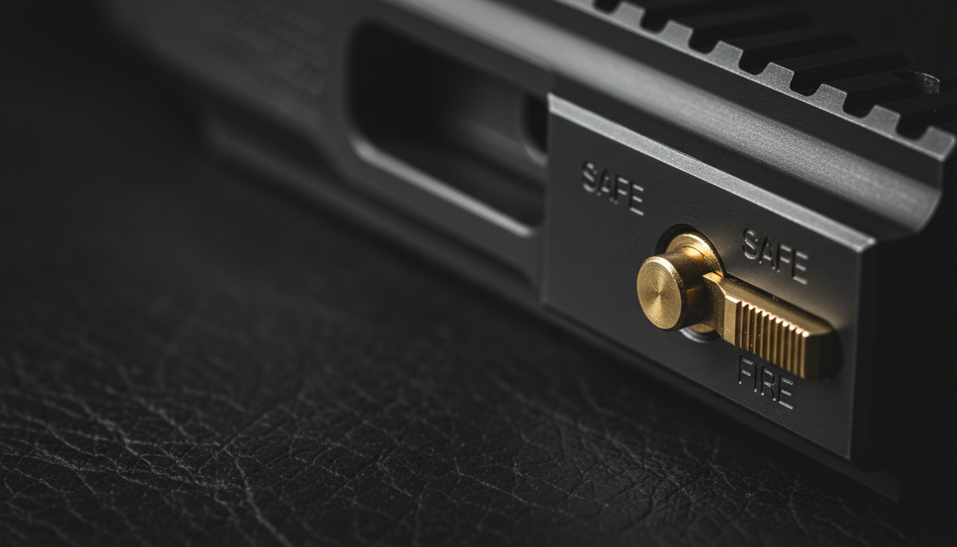 Firearm safety selector macro photograph