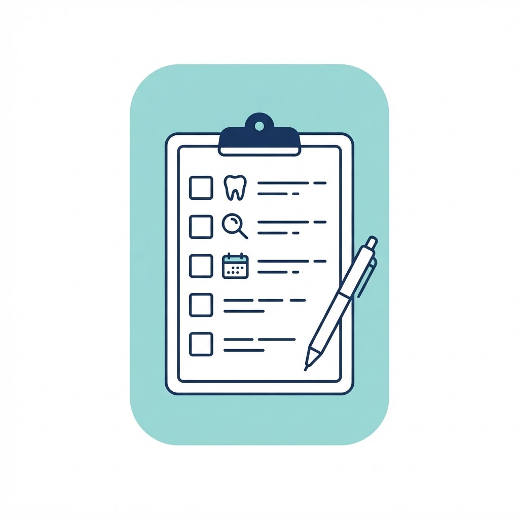 Illustration of a clipboard checklist for before you book a dentist