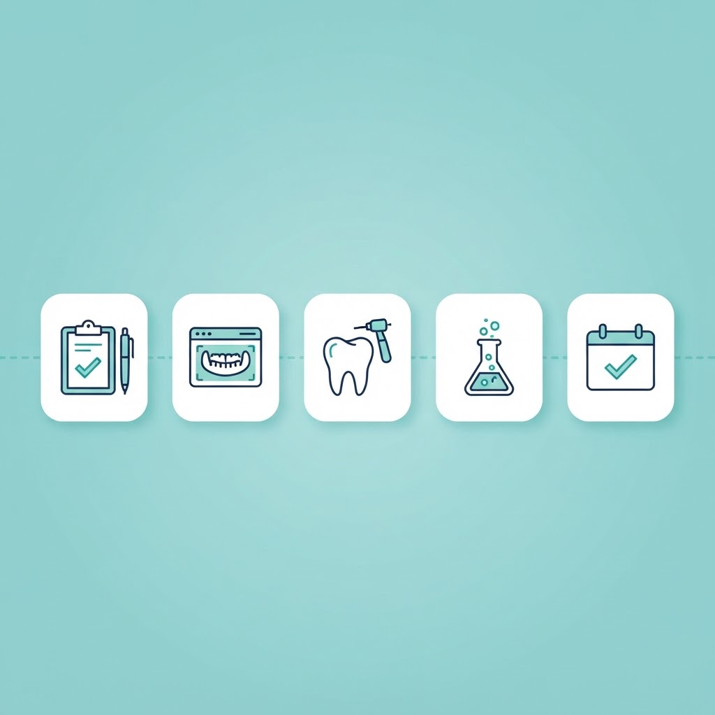 Illustration of what may be included in a dental price: consultation, X-rays, treatment, laboratory and follow-up