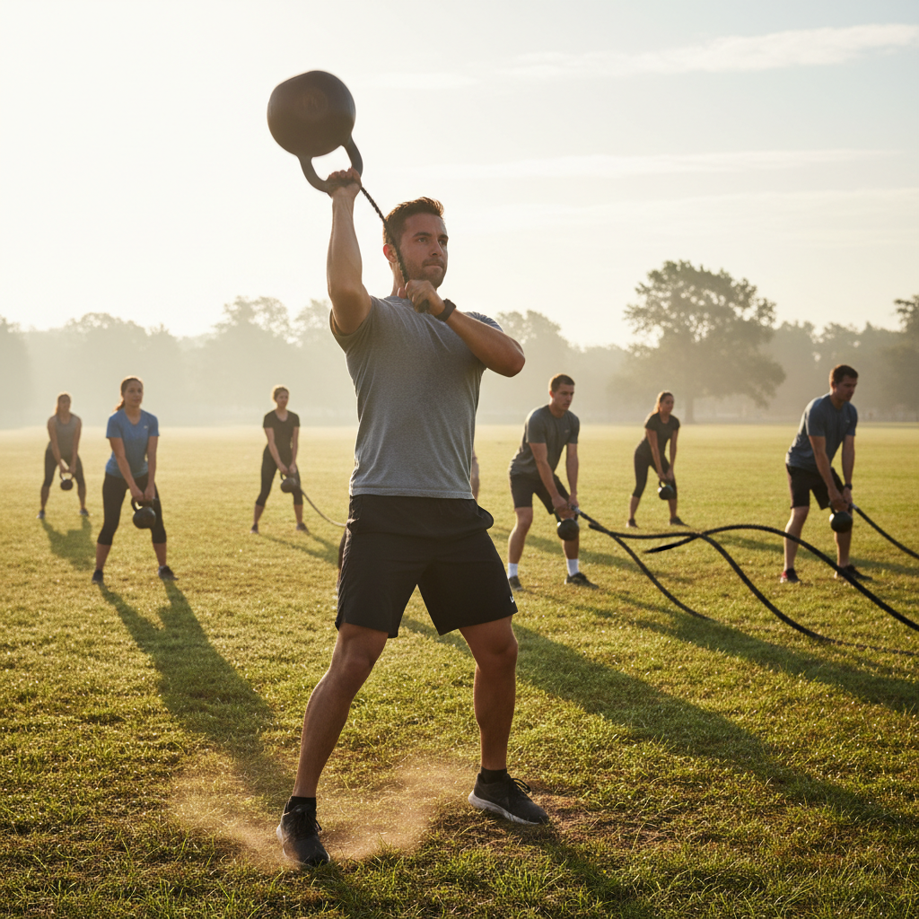 Person doing kettlebell swings in a bootcamp workout