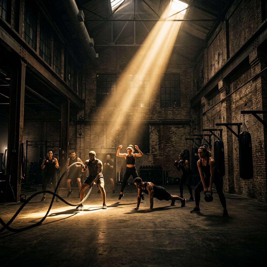Group fitness bootcamp class with battle ropes, kettlebells, and boxing bags under dramatic golden light