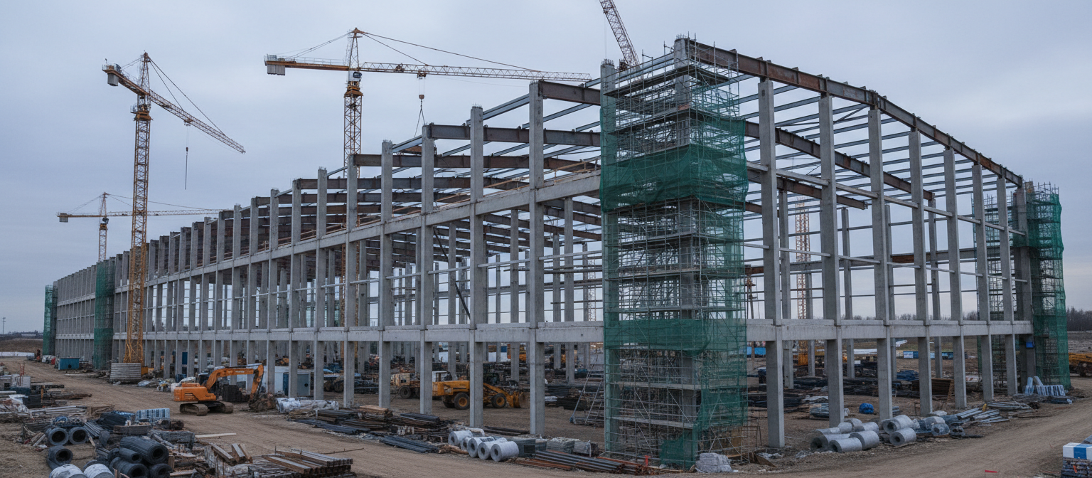 Commercial construction site with tower cranes
