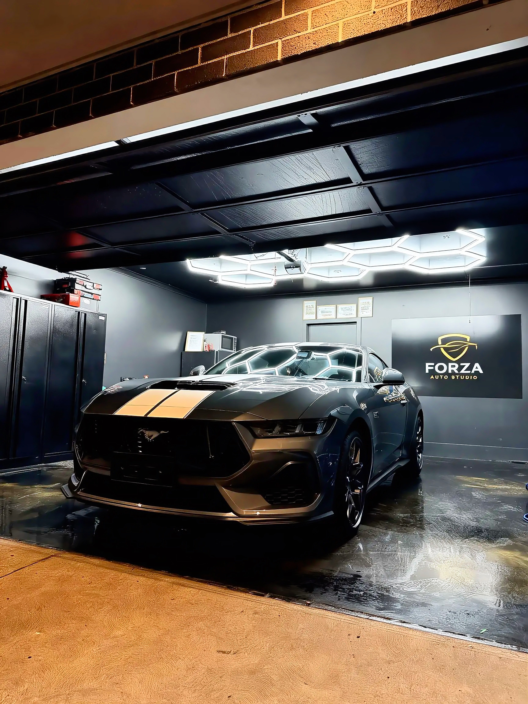 Ford Mustang GT inside the Forza Auto Studio under controlled hexagonal lighting, Canberra