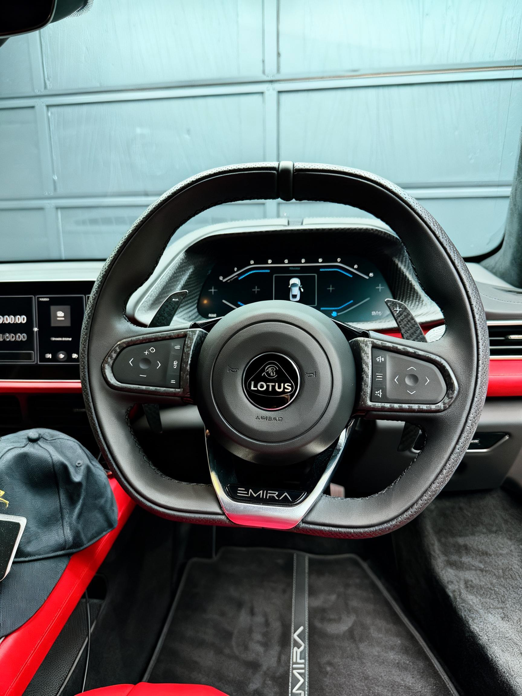 Steering wheel and high-contact interior surfaces inside a Lotus Emira at Forza Auto Studio