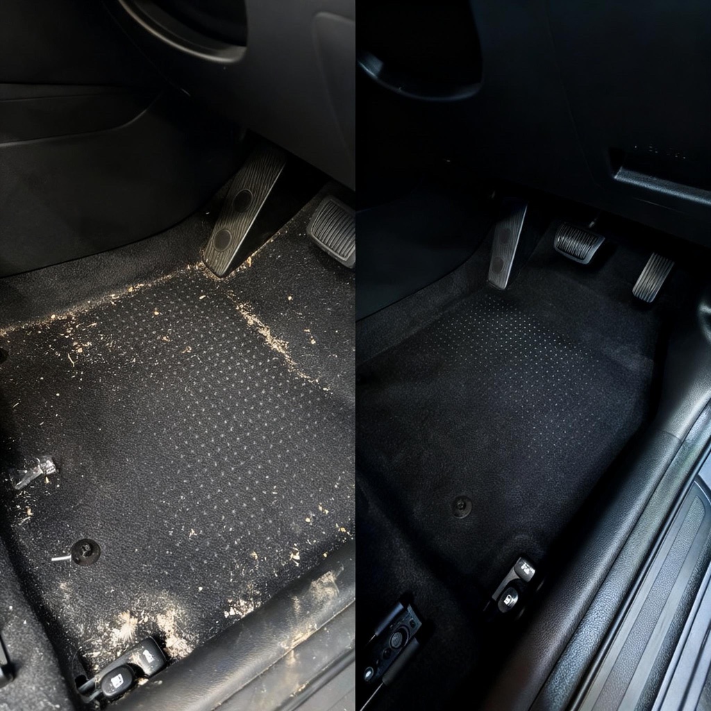 Driver footwell before and after interior extraction and restoration work at Forza Auto Studio