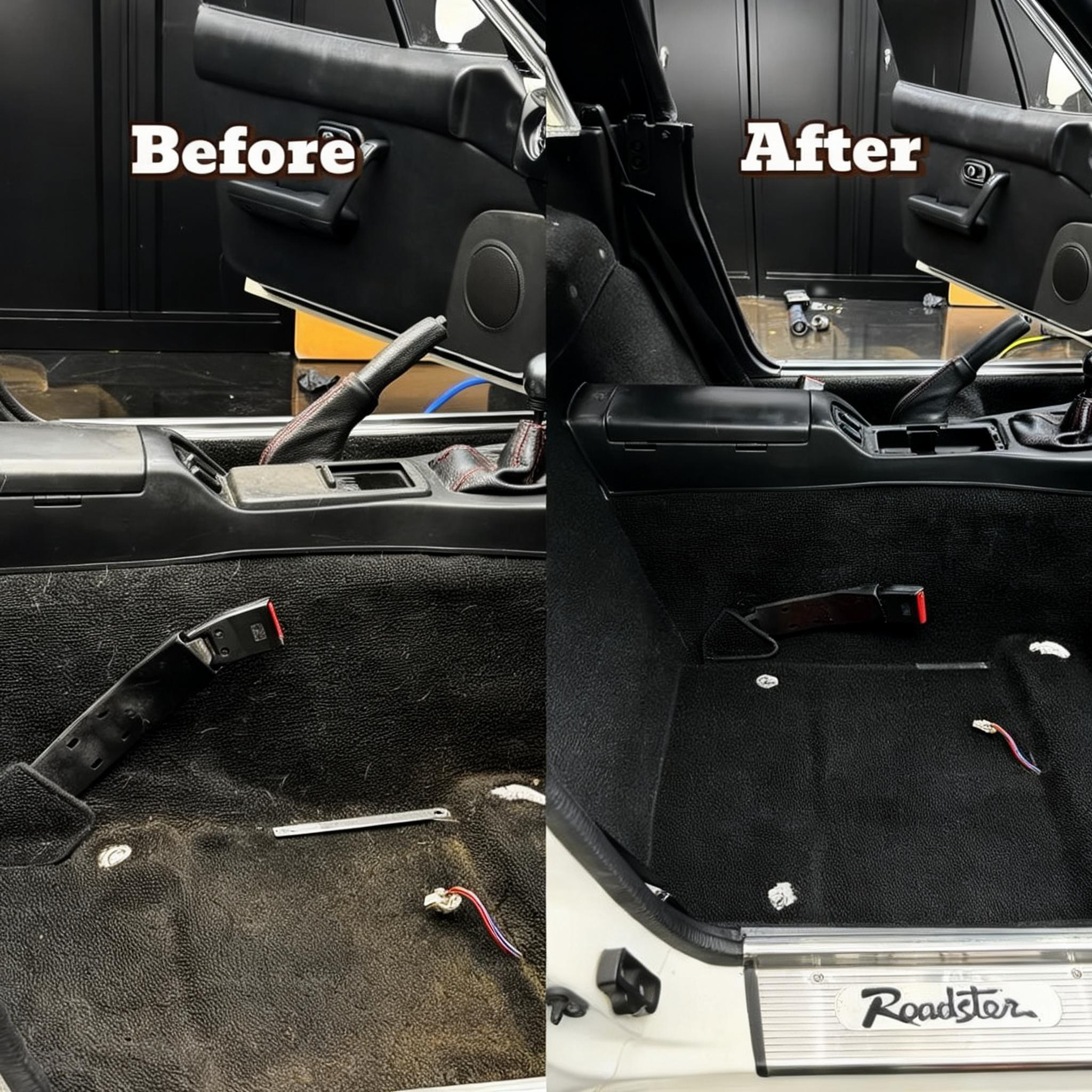 Seat removed for deeper access — exposed carpet, seatbelt hardware and areas that cannot otherwise be prepared properly