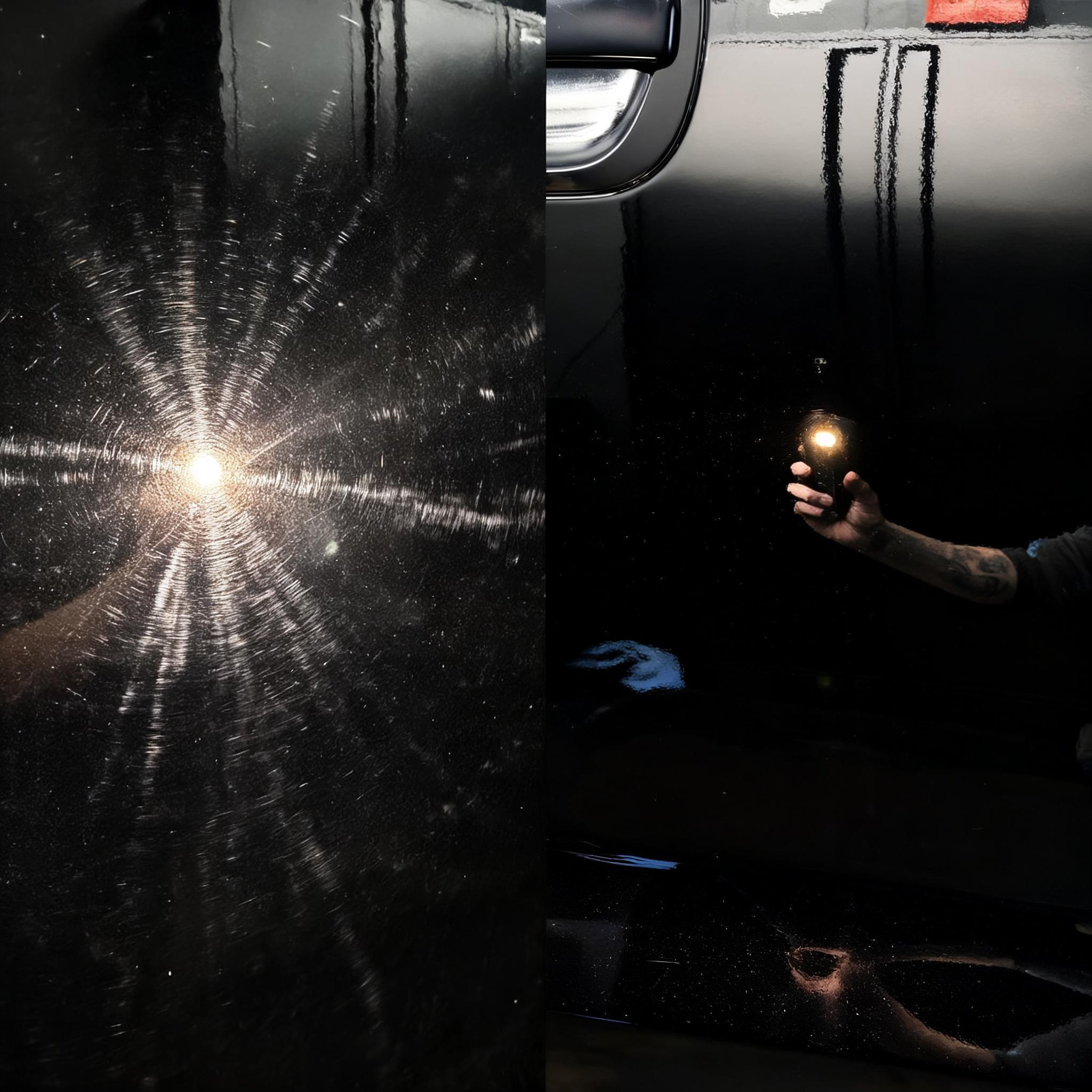 Years of wash damage under inspection light — the corrected half beside it.
