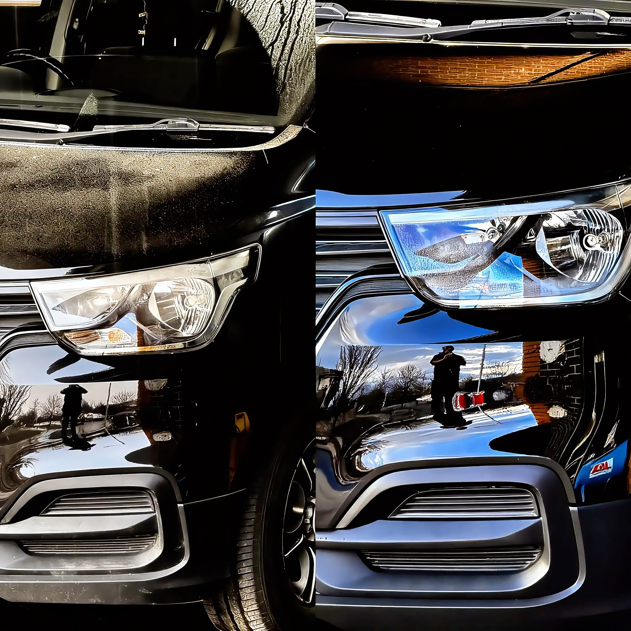 The front corner on arrival, and after correction.